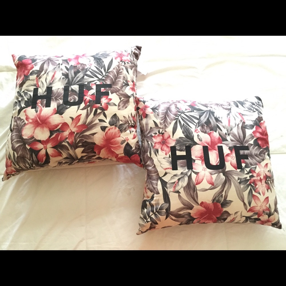 HUF Floral Throw Pillow Pair in Cream, Pink, Green and Black